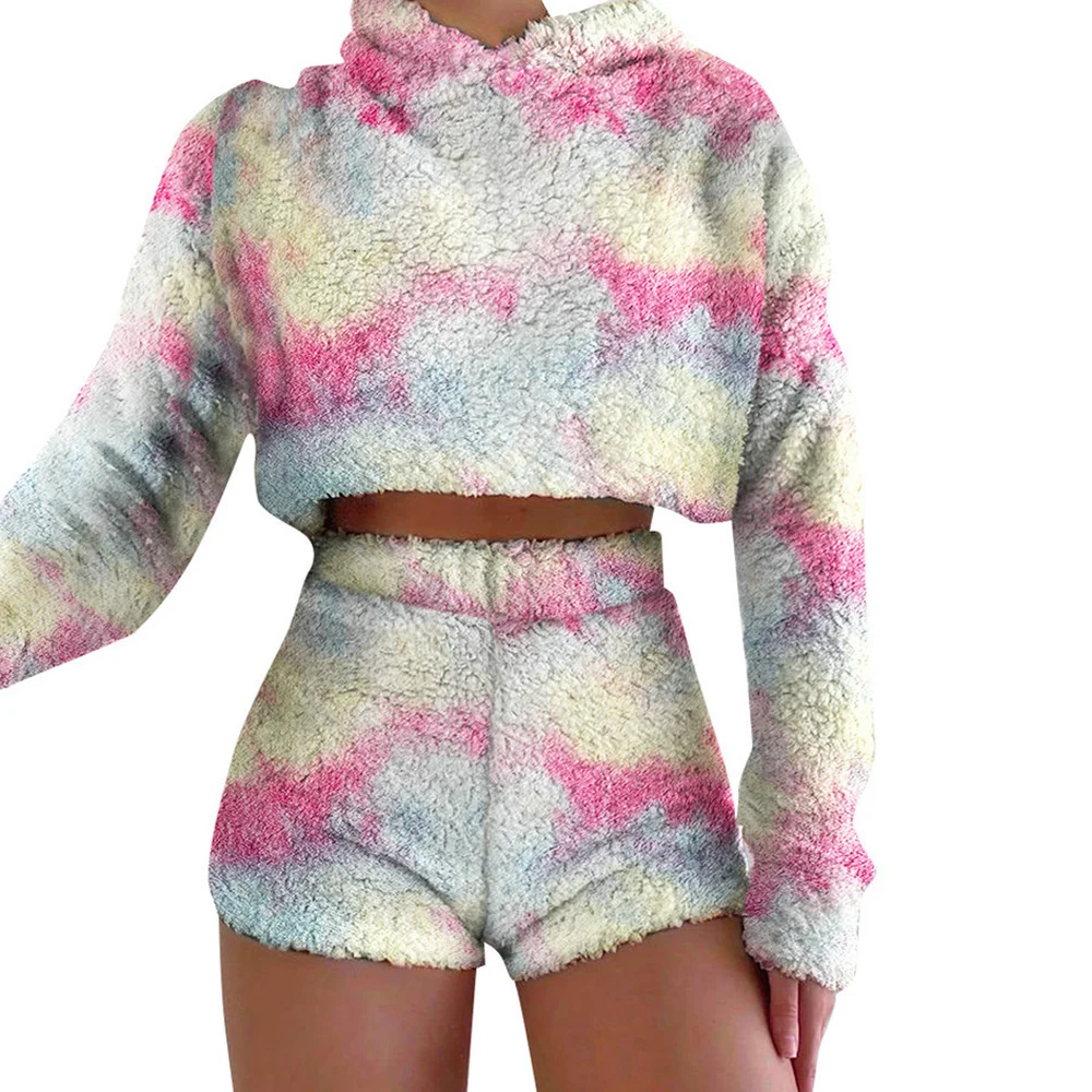 

Winter Tie Dye Printed Two Piece Set Women Plush Warm Hoodies And Shorts Casual Home Sweatpants Shorts Outfits Leopard Set D30