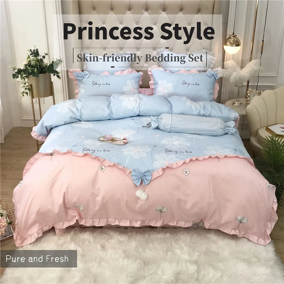 

Korean Style Bedding Set 100% Cotton Princess Comforter Set Pink Duvet Cover Lace Ruffle Sheet Pillowcase Bed Linen for Girls