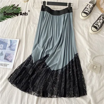 

Women Pleated Skirts Loose Casual High Waist Skirt Korean Style Vintage Lace Patchwork Female Long Skirts 2020 Spring Autumn
