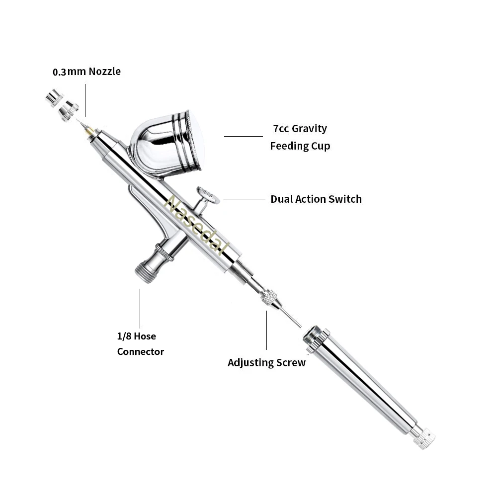 Nasedal Двойное действие 7cc 0,3 мм Серебряная Аэрограф краска пистолет для украшения торта макияж дизайн ногтей Краска воздуха кисть комплект татуировки DIY