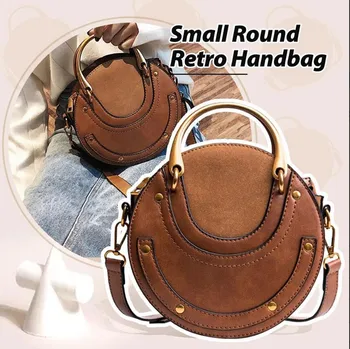 

New Vintage Small Round Bag Artificial leather Handbag for Women Fashion Simple Black Shoulder Messenger Bag Ladies Mini Tote