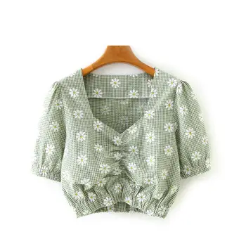

New 2020 women vintage puff sleeve flower print plaid pleat short blouse female v neck casual slim shirt chic blusas tops LS6646
