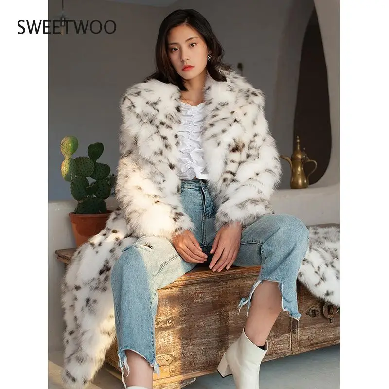 Ladies Fur Coat Imitation Fox Fur Coat Black Spot Leopard Print Suit Long European and American  Winter Fur Jacket