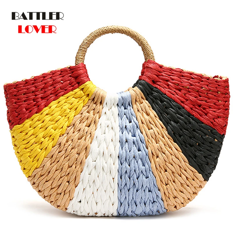 Women Handbag Summer Beach Bag Rattan Woven Handmade Knitted Straw Large Capacity Totes Leather Women