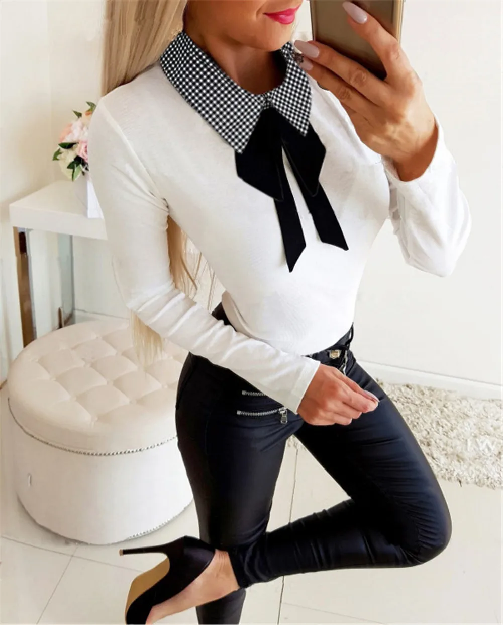 Women Fashion Bowtie Turn-down Collar Long Sleeve Flannel Pullovers Casual Long Sleeve Tee Tops Black White Gray