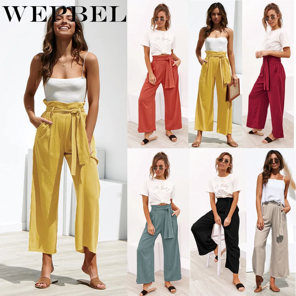 

Wepbel Women Pants Bandage High Waist Trousers Cotton Strap Wide-Leg Spring Pants Summer Solid Color Casual Trousers