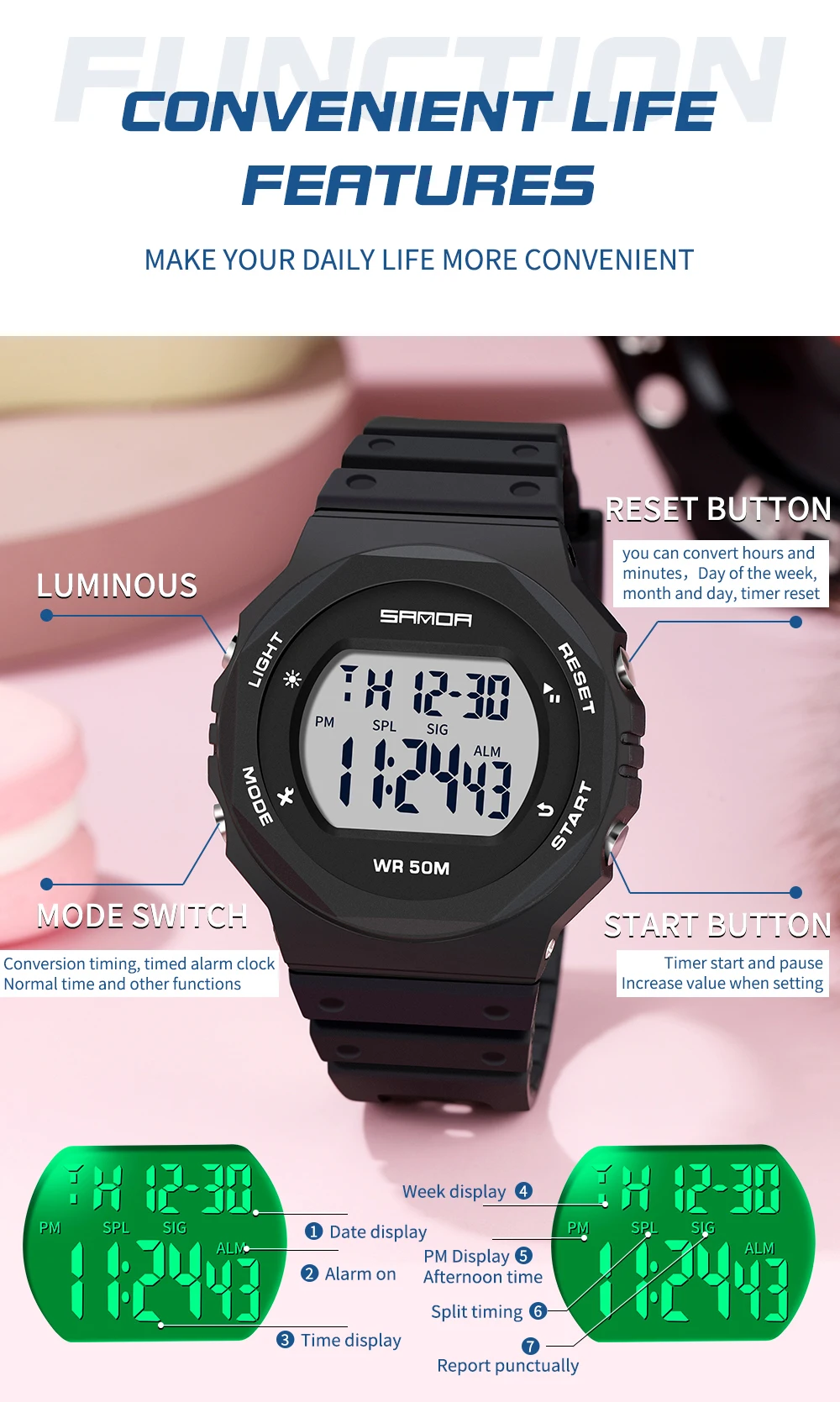 SANDA Fashion Brand Sports Women Watches LED Electronic Digital Waterproof Ladies Clock Female Wristwatch relogio feminino 6069