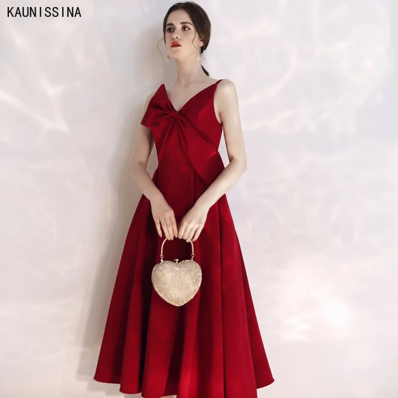 

Elegant A-Line Bow Cocktail Dresses V-Neck Wine Red Dress Spaghetti Strap Tea-Length Backless Vestidos Formales Robe Party Gowns