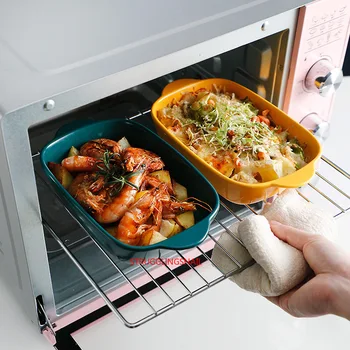 

European Retro Salad Tray Home Ceramic Baking Plate with Handle Rectangular Dessert Plate Home Tableware Dish Kitchen Supplies
