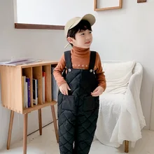 Новинка года, осенне-зимние детские штаны на подтяжках цельнокроеные пуховые брюки с хлопковой подкладкой для маленьких мальчиков