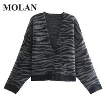 

MOLAN Leopard Woman Knitted Cardigan Za Fashion V Neck 2021 New Autumn Winter Casual Sweater Loose Warm Female Stylish Outwear