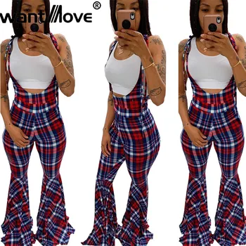 

Wantmove women jumpsuit sexy lattice print shoulder lace sleeveless slim splice boot cut romper 2019 new jumpsuit WM967