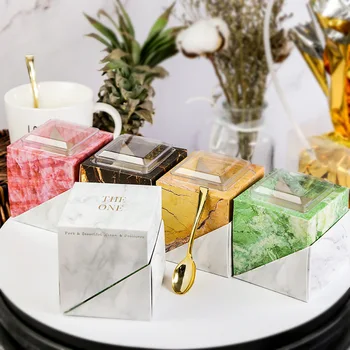 

Small Marble Paperboard Boxes with Clear Cup Set Fruit Cake Ice Cream Package Box Bakery Party Dessert Wrap Supplies
