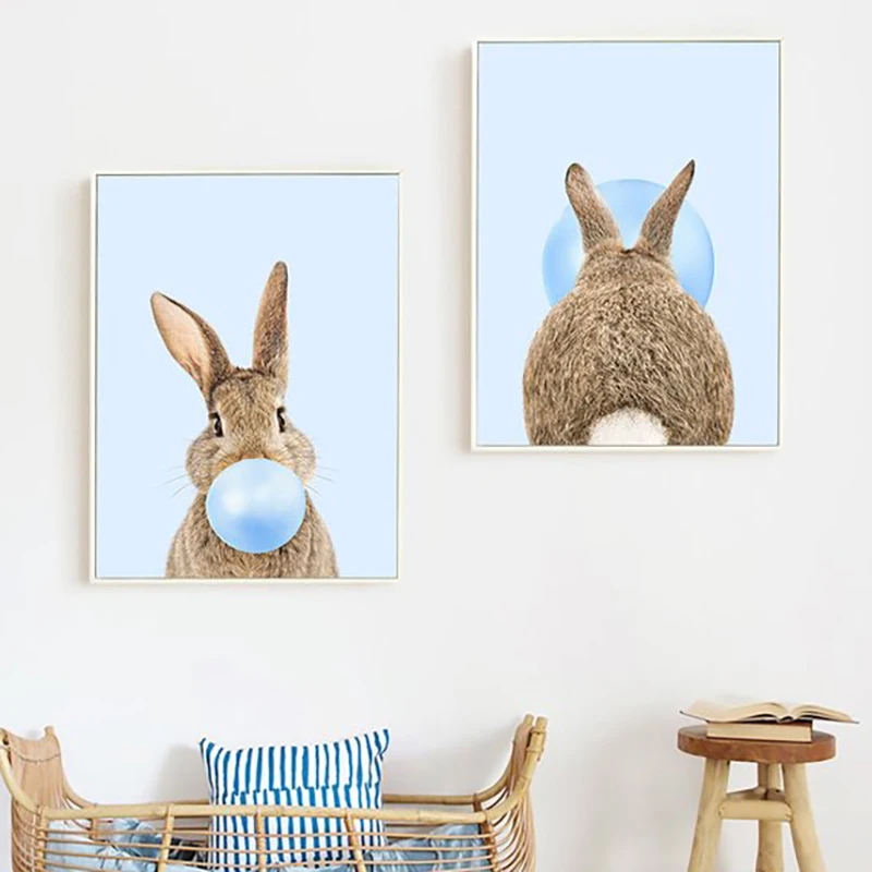 Rabbit Bubble Gum Art Poster Prints Blue Nursery Wall Canvas Paintings Picture Baby Animals Boys Bedroom Decor | Дом и сад
