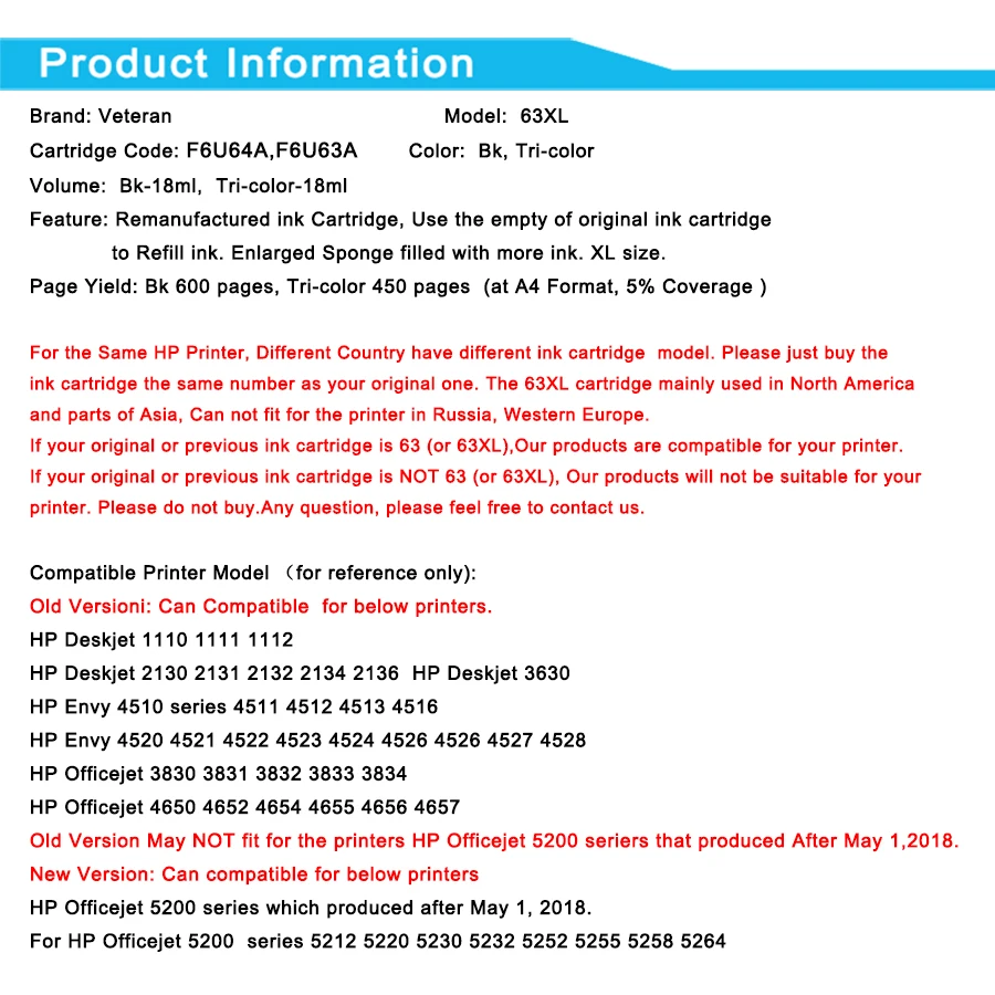 Ветеран 63XL чернильный картридж Замена для hp 63 xl Officejet 3830 4650 4652 5220 5230 5232 5252