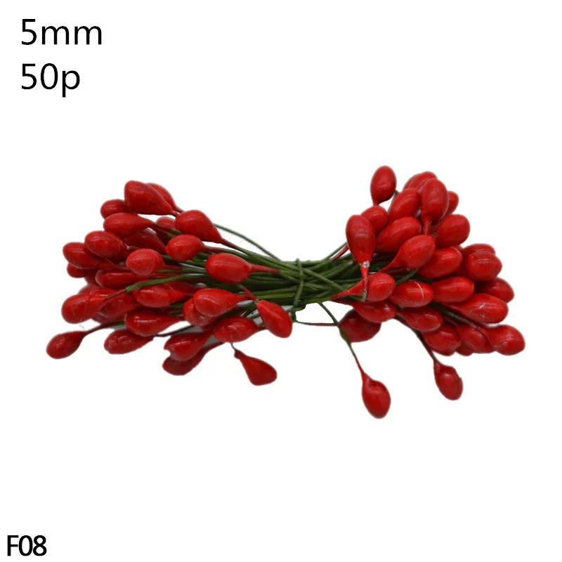F08-50pcs 5/6/10/12/20/24/30/40/50/250 шт смешанные красные цветы вишни тычинки ягоды Комплект поделки РОЖДЕСТВЕНСКИЕ свадебный торт подарок коробка венки Декор - Color: F08-50pcs
