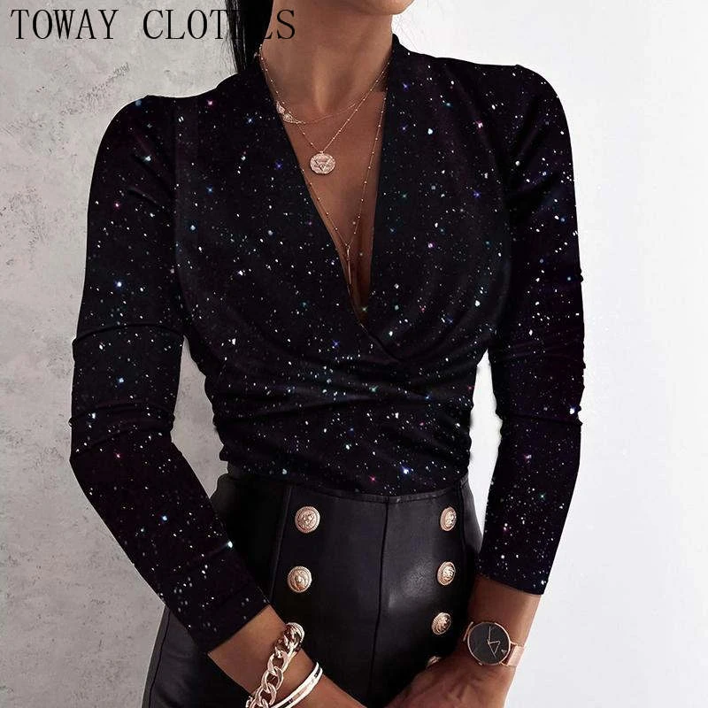 Black sparkly v neck top Clearance