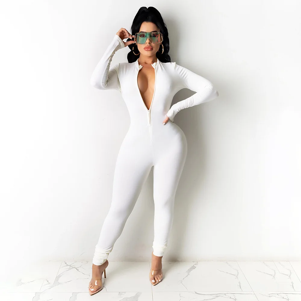 Plus Size Black White Solid Jumpsuit Women Long Sleeve One Piece Outfit V Neek Jumpsuits Female Fitness Zipper Bodycon Jumpsuits