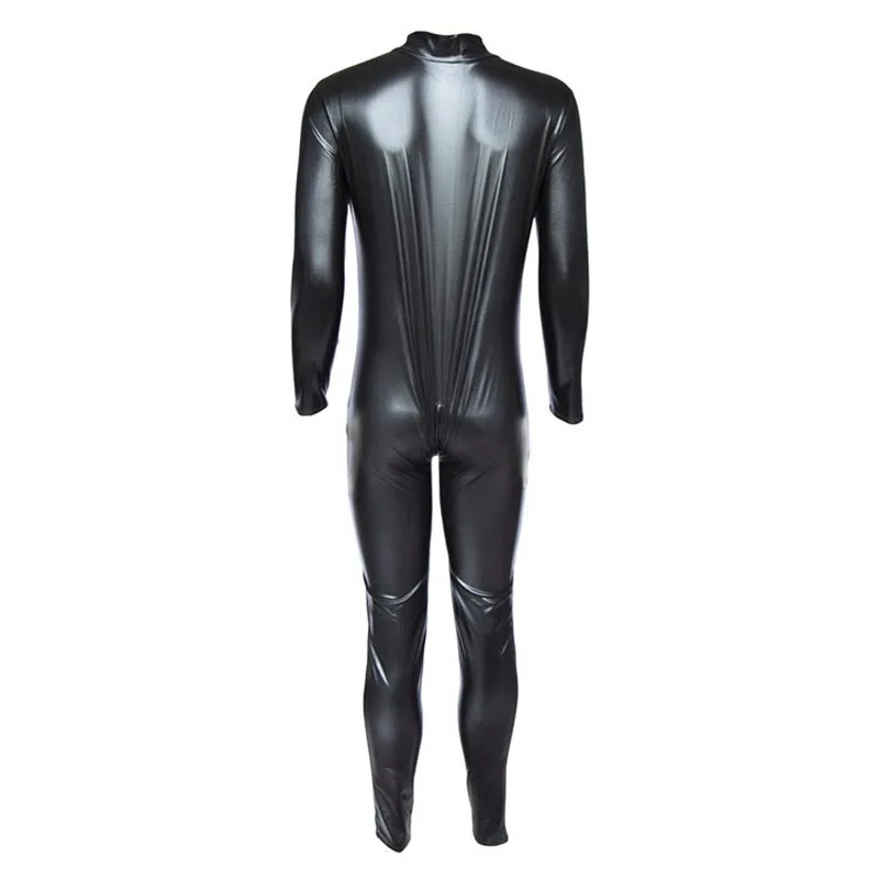 Men Long Zipper Faux Leather Wet Look Bodysuit Shiny Full Body Jumpsuit Catsuit Fetish Costume Plus Size