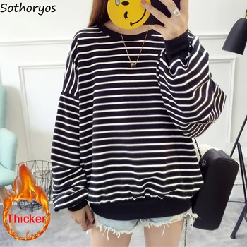 

Hoodies Women O-Neck Long Thicker All-match Striped Korean Style High Quality Female Loose Womens Fashion Leisure Clothing Chic
