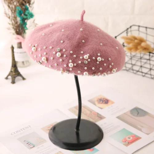 autumn wool beret Han version of the tide hundred to tie the literary painter hat British reni-ray hat pearl pumpkin hat - Цвет: Красный