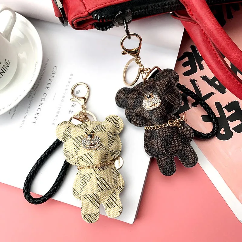 

Luxury Rhinestone baby Bear Keychain PU Leather Keychains with Hand Wrist Strap Women bag Jewelry Pendant Car keyring Charm Gift