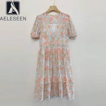 

AELESEEN Runway Fashion Women Dress 2020 Puff Sleeve Hollow Out V-Neck Summer Elegant Dress Party Holiday Midi Dress Vestidos