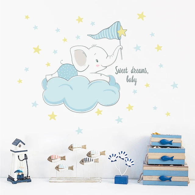 Bébé Garçon Éléphant Dormir Lune Stickers Muraux pour Enfants