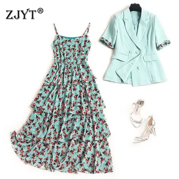

Elegant Office Lady Summer Dress 2 Piece Set High Quality Designers Women Notched Blazer+Print Ruffles Strap Chiffon Dress