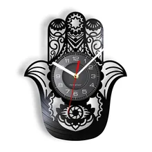 

Hamsa Hand Symbol Vinyl Record Wall Clock Hamse Evil Eye Protection Khamsa Islamic Home Decor Hand of God Sign Music Album Clock
