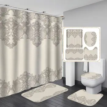 

Check Stripe Bathroom 4 Pcs Set Shower Curtain Bathroom Accessories Color Toilet Carpet Non-slip Modern Style Bathroom Rugs Mat