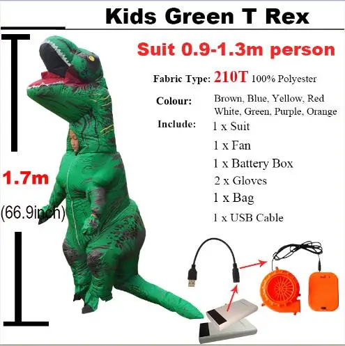 Мир Юрского периода взрослый Велоцираптор Костюм надувной T REX Raptor костюм Косплей динозавр вечеринка Хэллоуин костюм для женщин и мужчин - Цвет: Kids Green  T rex