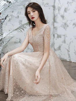 

2020 New Vintage Embroidery Evening Dress Short A-Line Sleeveless Beading Evening Gown Sexy Deep V-Neck Female Formal Dress