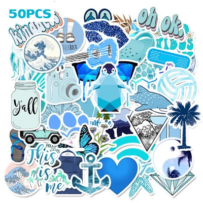 

50PCS/Set Vsco Stickers Vsco Girl Blue Series Stickers On Laptop Fridge Waterproof Reusable Sticker Pack Pusheen