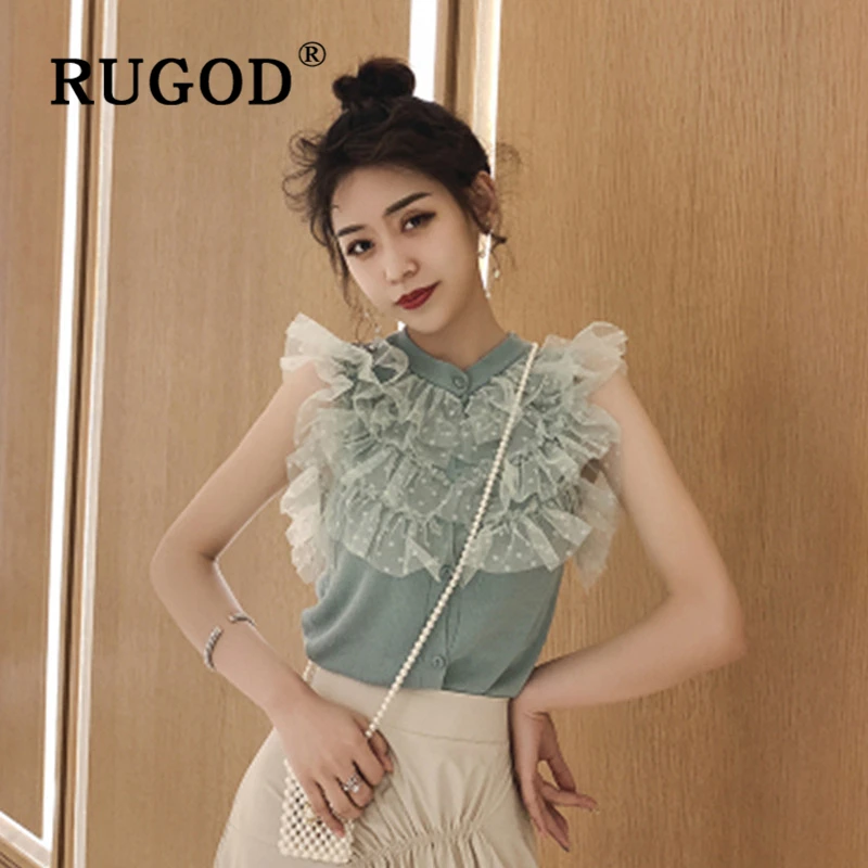 

RUGOD Summer sleeveless knitted women blouse Korean chic lace patchwork slim shirts office ladies Elegant single-breasted tops