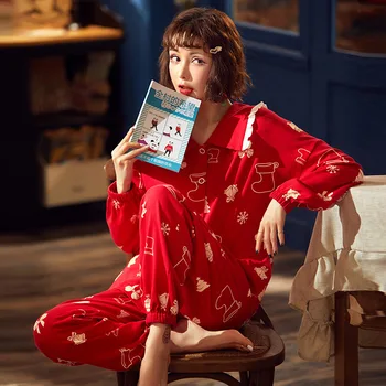 

QUEENX Pajamas Autumn Cotton Long-Sleeved Women's Sweet Japanese Cartoon Cute Pants Loose Leisure Tops Two Piece Suit