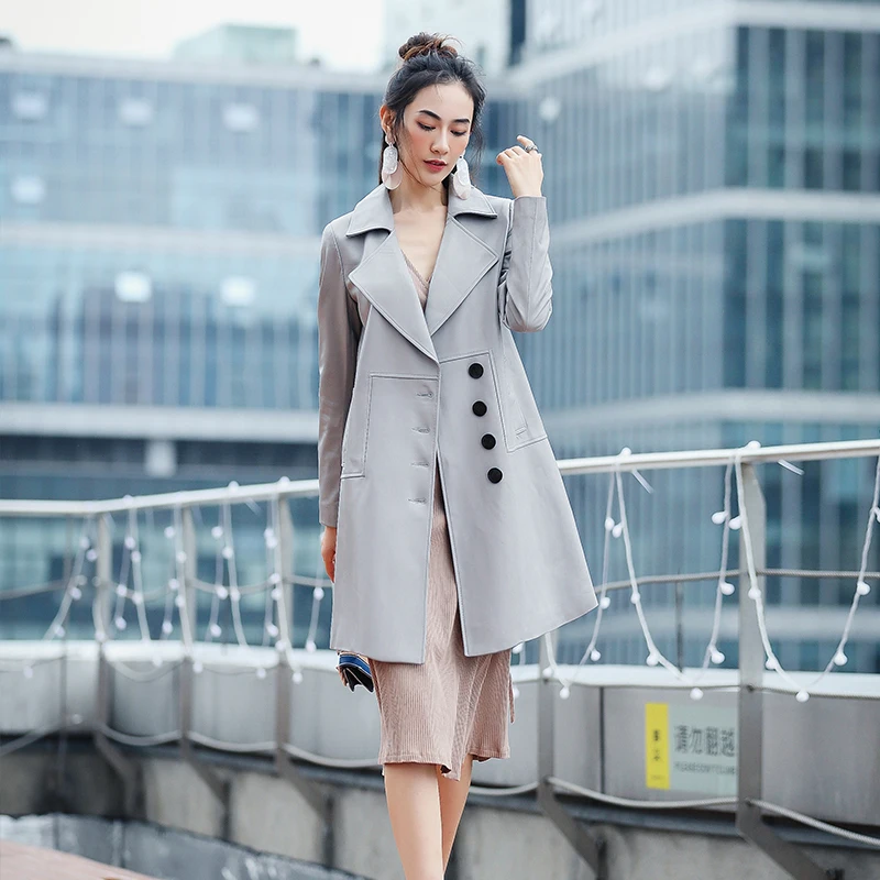 

2020 Spring Real Genuine Leather Jacket Women Long Sheepskin Coat Autumn Windbreaker Leather Blazers Cuero Genuino QBL-1735