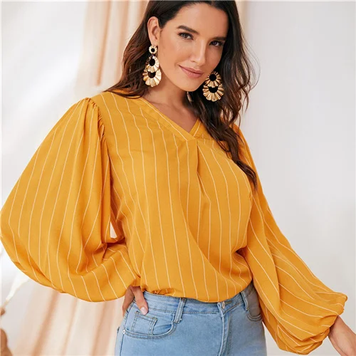 Цвет: желтый SHEIN Yellow V Neck Striped Autumn Elegant Blouse Top Women Spring Autumn Bishop Sleeve Office Ladies Basic Blouses - Цвет: Цвет: желтый