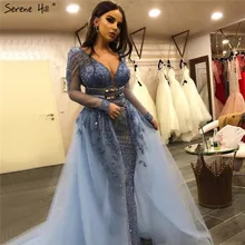 Blue Dubai Luxury Sequined Sparkle Evening Dresses Long Sleeve Beading Evening Gowns Serene Hill Plus Size LA60858