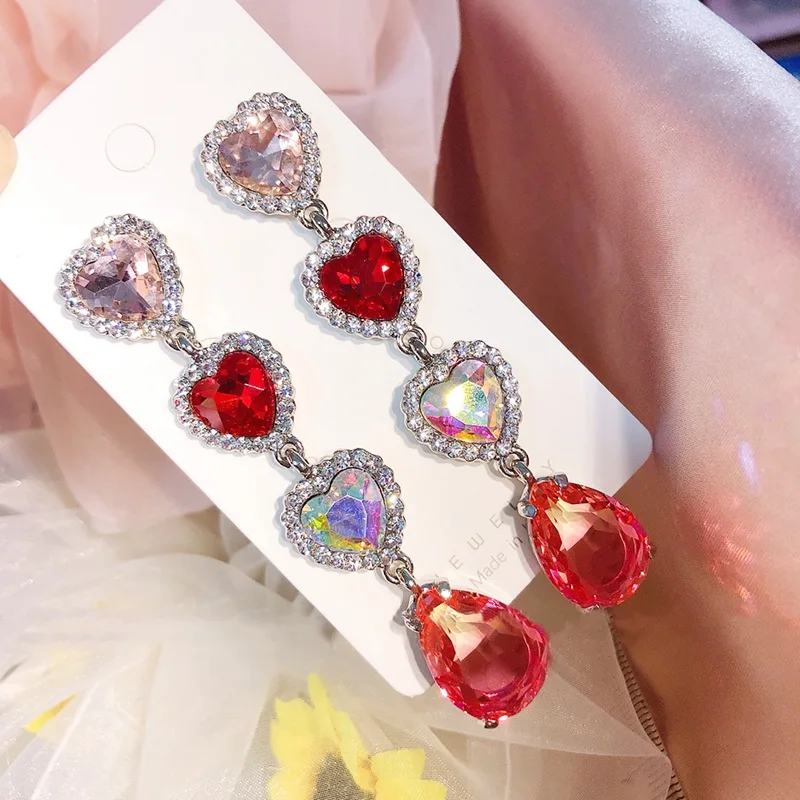 Women colorful crystal heart earrings retro elegant female earrings fashion and shiny jewelry
