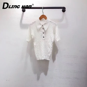 

LINGHAN Vintage Plaid Turn-down Collar T-shirt Fashion Hollow Out Short sleeve knitting Tees Designer Spring Summer New