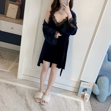 Два комплекта пижамы Осень Зима женский нагрудный коврик ресницы кружева сексуальный камзол юбка новое поступление пижамы темно-синий банный Халат