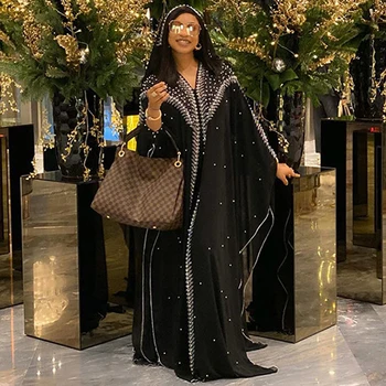 MD Muslim Kaftan Abaya Dress Kimono Women Dubai Open Abayas Turkish Stones Chiffon Hooded Dress Elegant African Plus Size Boubou 2