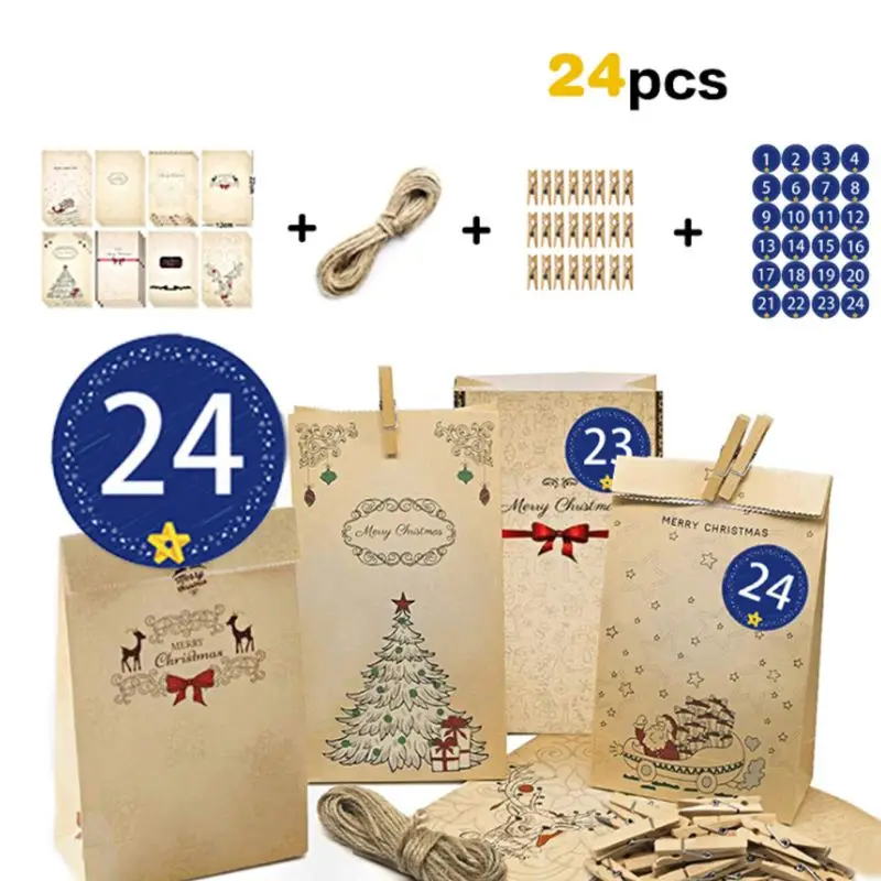 

24Pcs Advent Christmas Calendars Kraft Paper Candy Bag with Stickers Clips Rope Y1AB