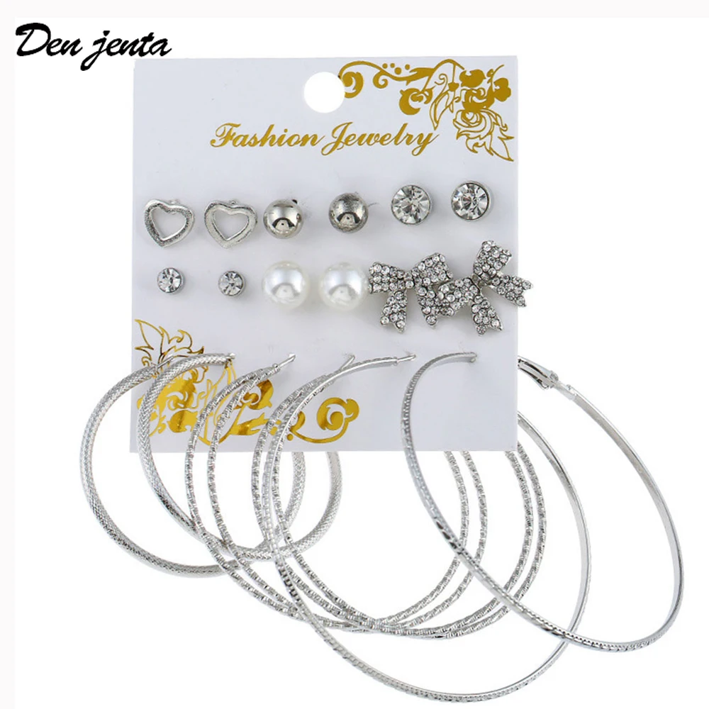 

Fashion 9 Pairs/Lot Punk Stud Earrings Set For Women Girls Elegant Mixed Crystal Bow Tie Big Circle Earrings Wedding Jewelry