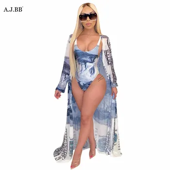 

European and American sexy beach printed women's suit fashion slim U-neck sling one-piece pants and Cape two-piece set