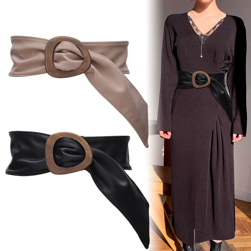 

Designer belts for women high quality ladies long waistband soft pu leather wood buckle fashion dress belt wide cummerbunds