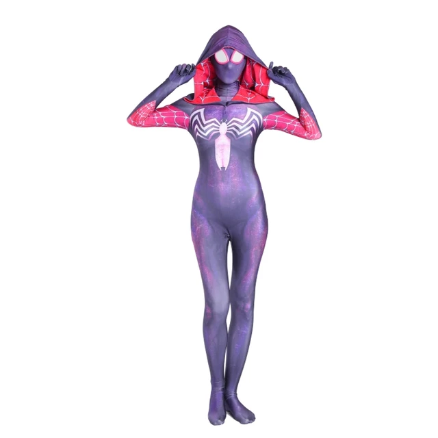 2020 The Amazing Spider Hero Cosplay Gwen Stacy Costume Spandex Zentai Mask Hoodie Spider Zentai Suit Anti-Gwenom for Women Girl gray