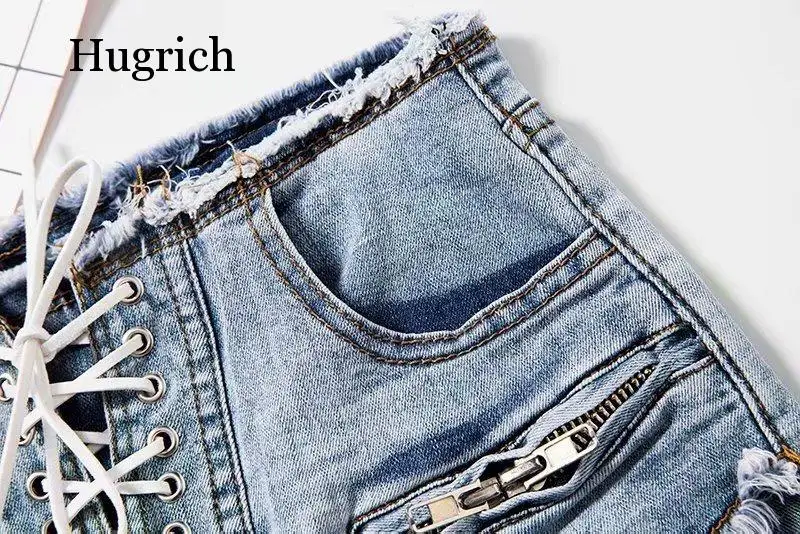 Women Loose Mid Waist Crimping Denim Shorts Fitness Cotton Pockets Lace-Up Short Jeans