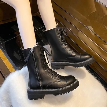 

Boots Combat Autumn Women Platform Gothic Shoes Lace up Plush Short Boots 2020 Winter Women Fashion Warm Fur Black Ankle Boots